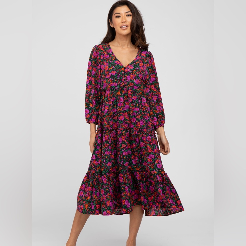 Black Floral Button Front Tiered Midi Dress Medium NEW